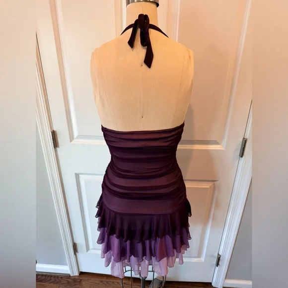 Plum Halter Cocktail Dress Ruffle Hem Beaded Waist Y2K Party Medium - Picture 3 of 16